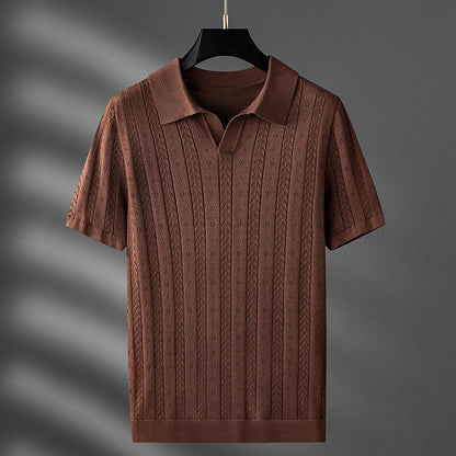 Men's Knit Polo Shirt Cable Pointelle V-Notch Collar Casual Smart