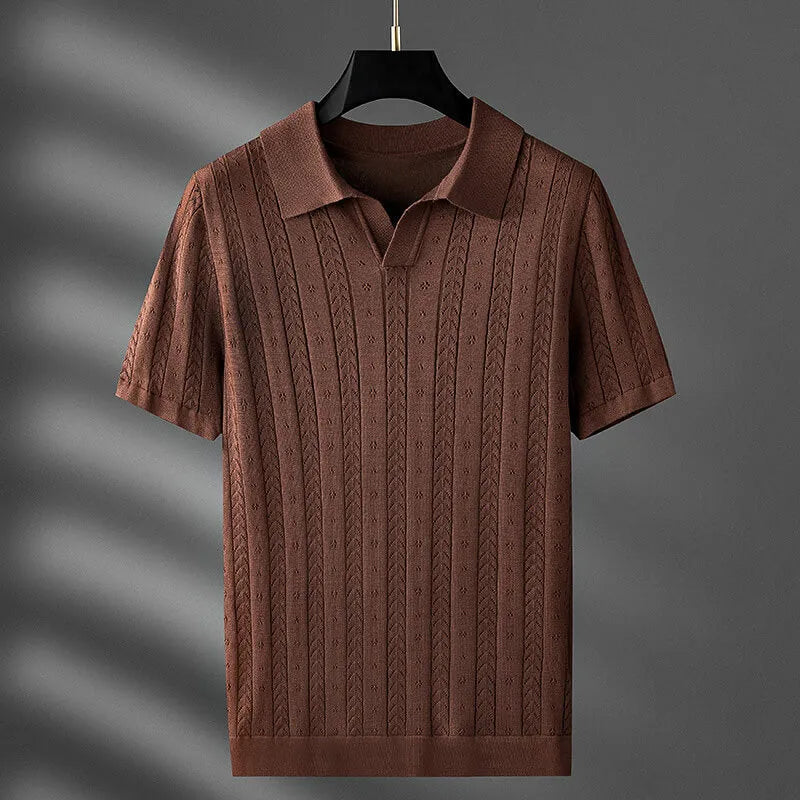 Men's Knit Polo Shirt Cable Pointelle V-Notch Collar Casual Smart