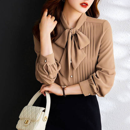 Women's Long Sleeve Blouse Bow Tie Neck Pin-Tuck Pleated Front Pearl Buttons