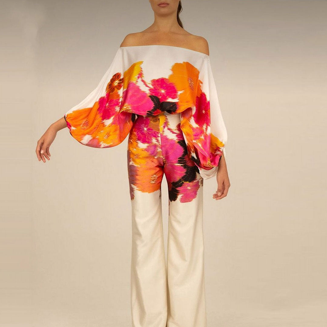 Women's Off-Shoulder Printed Top and Wide-Leg Pants Set