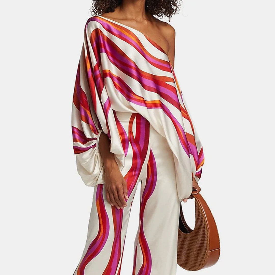 Women's Off-Shoulder Printed Top and Wide-Leg Pants Set