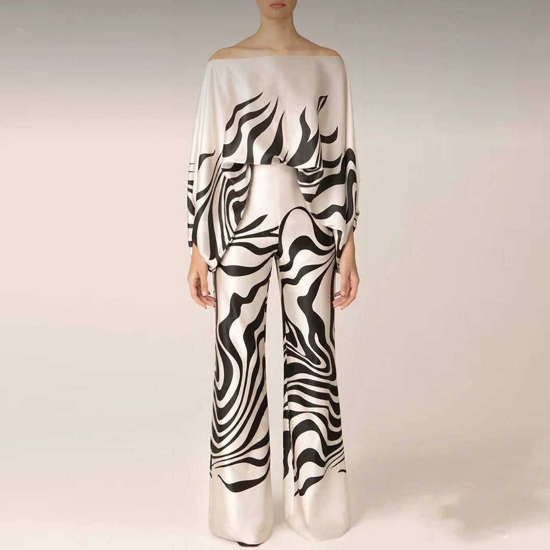 Women's Off-Shoulder Printed Top and Wide-Leg Pants Set