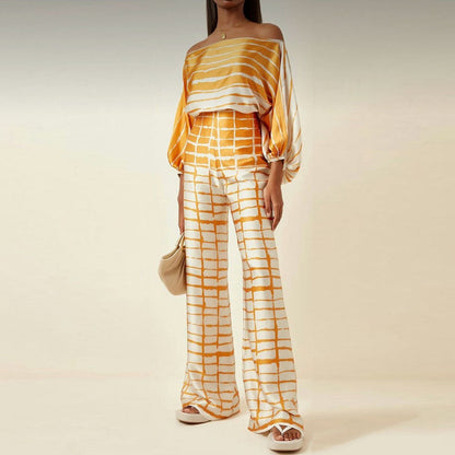 Women's Off-Shoulder Printed Top and Wide-Leg Pants Set
