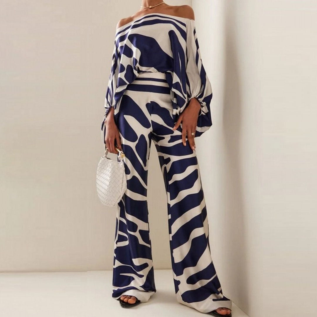Women's Off-Shoulder Printed Top and Wide-Leg Pants Set