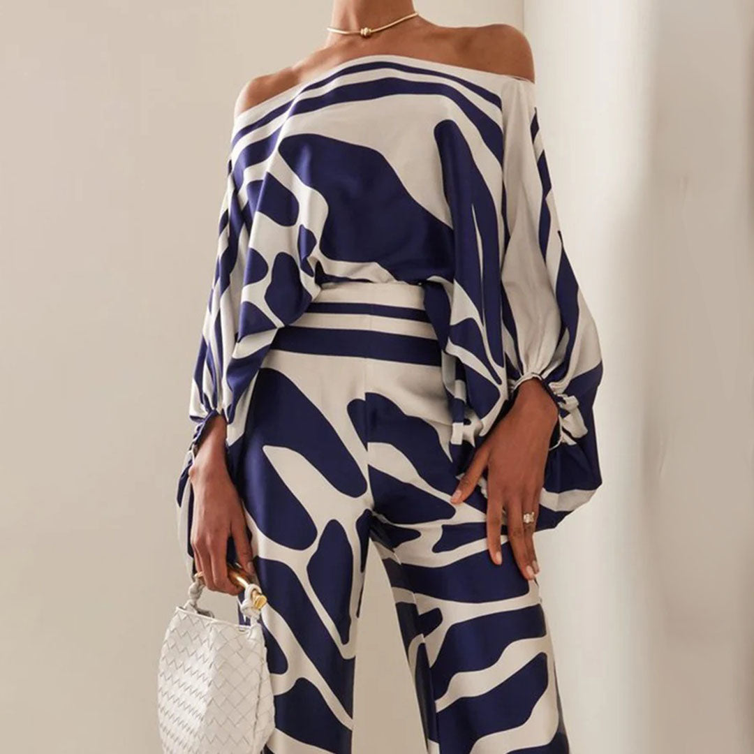 Women's Off-Shoulder Printed Top and Wide-Leg Pants Set