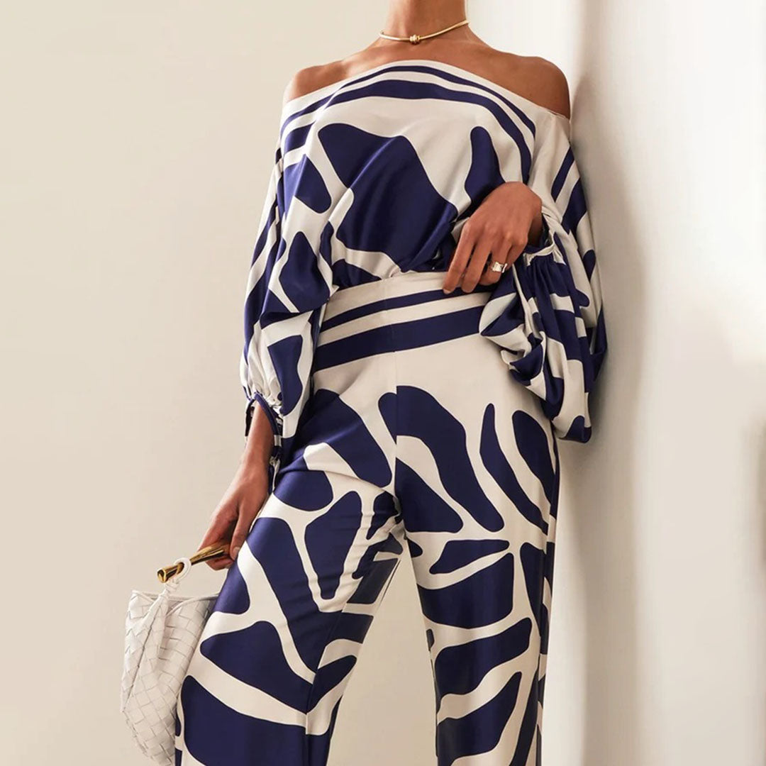 Women's Off-Shoulder Printed Top and Wide-Leg Pants Set