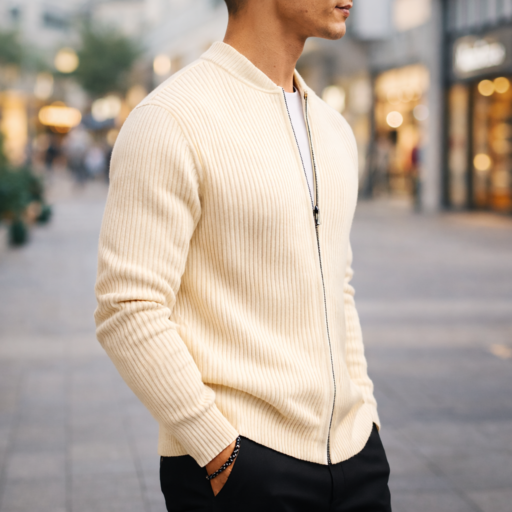 Men's Zip-Up Cardigan Ribbed Texture Stand Collar Casual Knit Jacket
