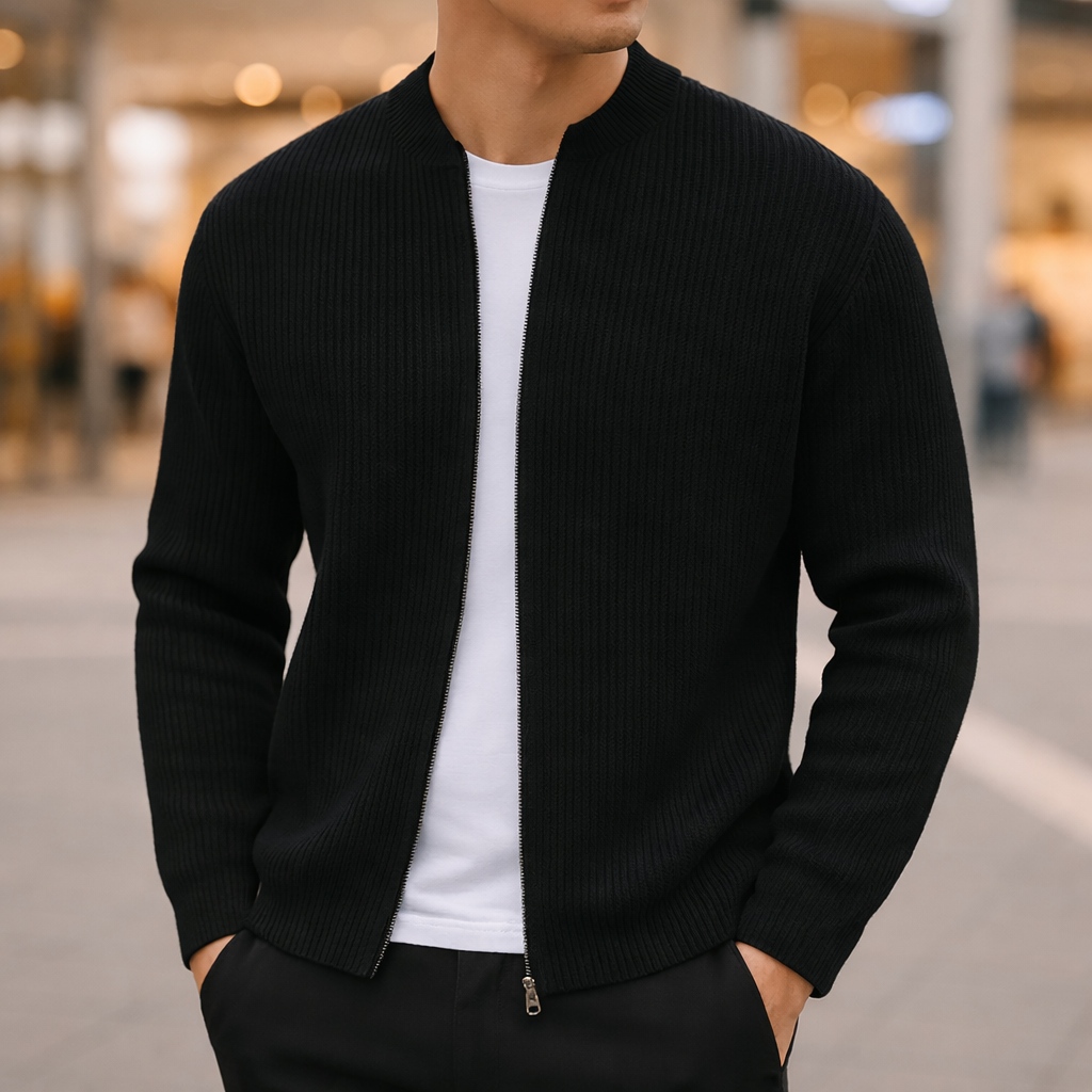 Men's Zip-Up Cardigan Ribbed Texture Stand Collar Casual Knit Jacket