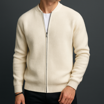 Men's Zip-Up Cardigan Ribbed Texture Stand Collar Casual Knit Jacket