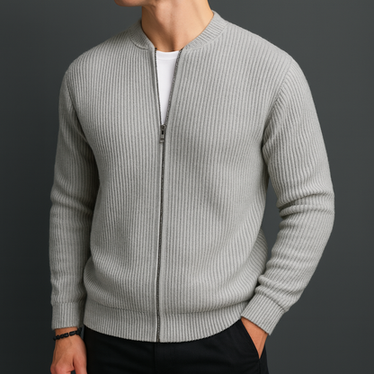 Men's Zip-Up Cardigan Ribbed Texture Stand Collar Casual Knit Jacket