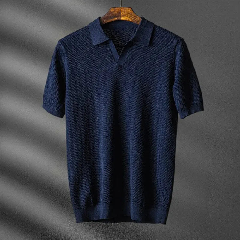Men's Polo Shirt Short Sleeve Knit V-Notch Collar Waffle Texture Smart Casual
