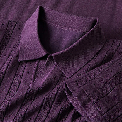 Men's Knit Polo Shirt Cable Pointelle V-Notch Collar Casual Smart