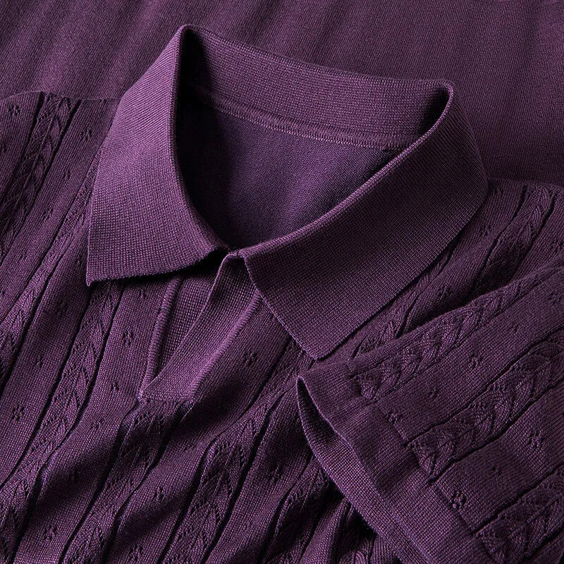 Men's Knit Polo Shirt Cable Pointelle V-Notch Collar Casual Smart