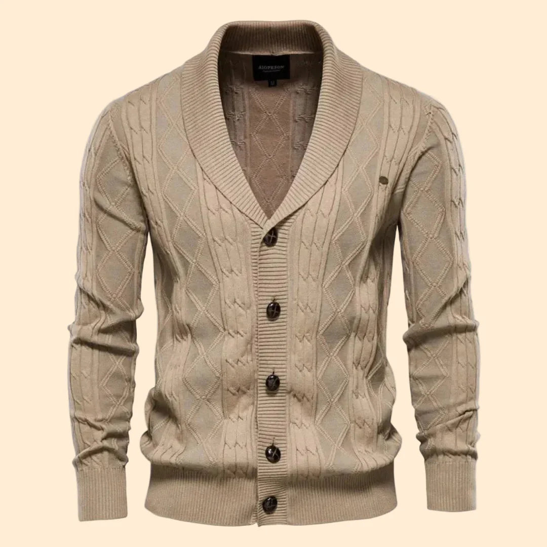 Men's Cable Knit Cardigan Shawl Collar Button Front Slim Fit