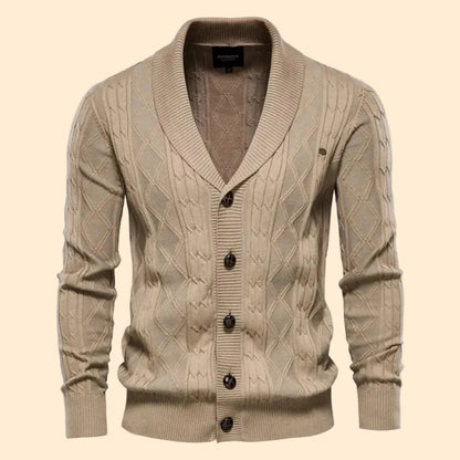 Men's Cable Knit Cardigan Shawl Collar Button Front Slim Fit