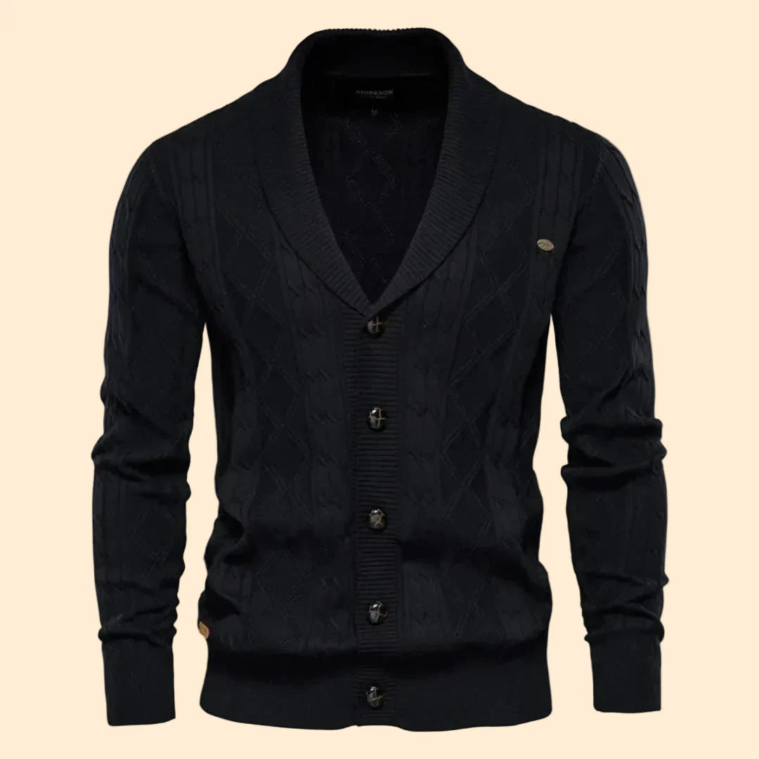 Men's Cable Knit Cardigan Shawl Collar Button Front Slim Fit