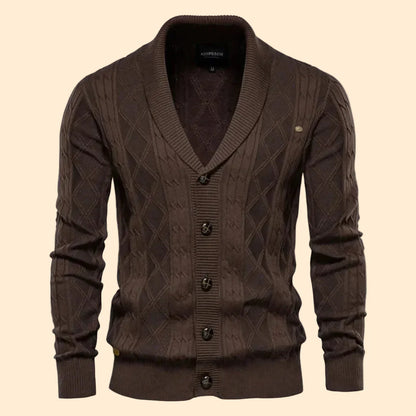Men's Cable Knit Cardigan Shawl Collar Button Front Slim Fit