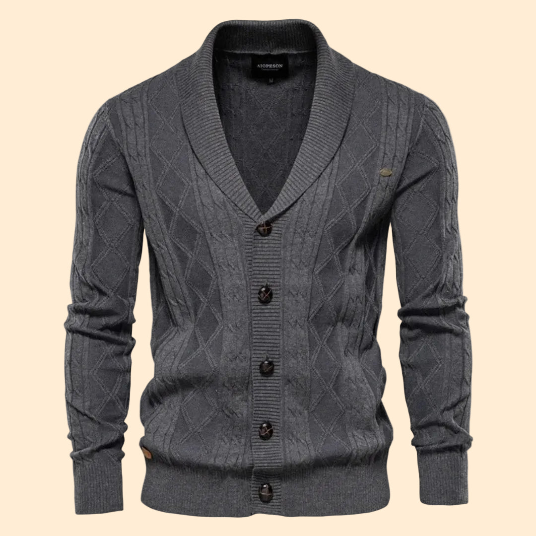 Men's Cable Knit Cardigan Shawl Collar Button Front Slim Fit