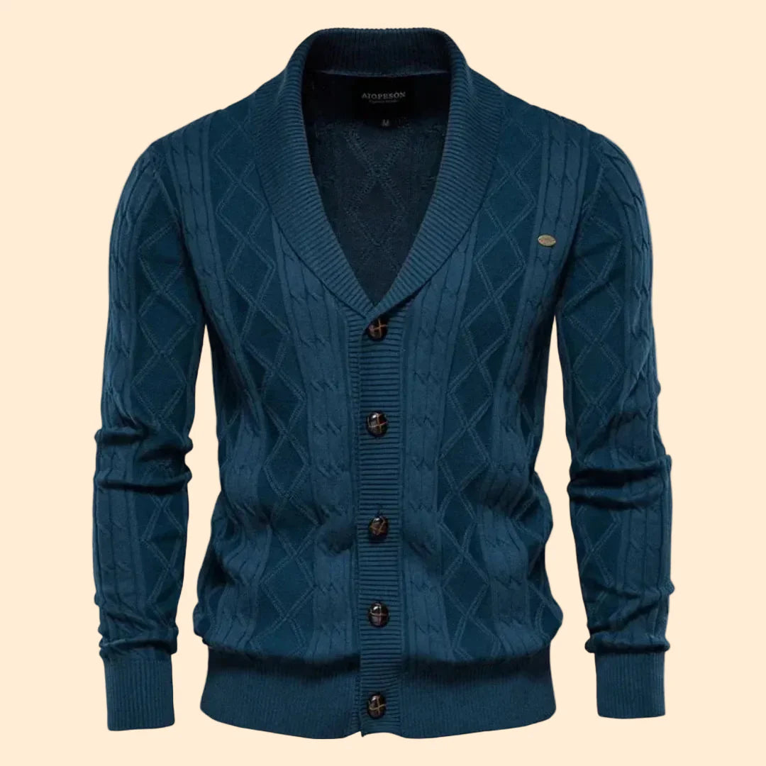 Men's Cable Knit Cardigan Shawl Collar Button Front Slim Fit