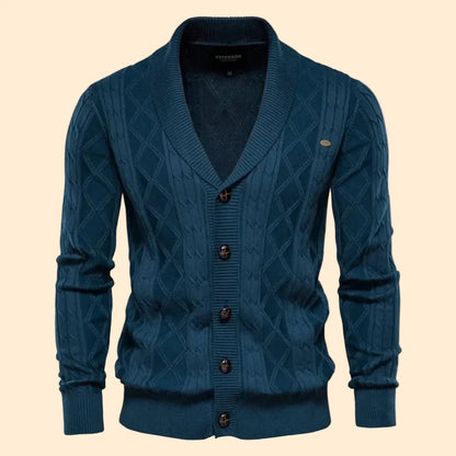 Men's Cable Knit Cardigan Shawl Collar Button Front Slim Fit