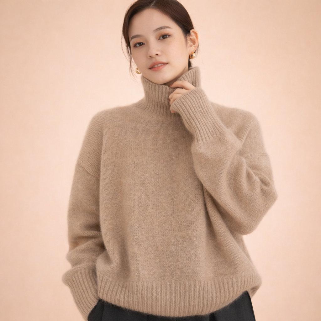 Women's Cashmere Turtleneck Sweater Soft Warm Khaki Elegant
