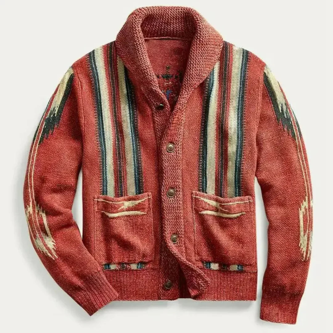 Men's Button Front Cardigan Shawl Collar Geometric Pattern Long Sleeve Knit