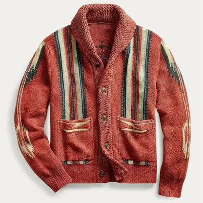 Men's Button Front Cardigan Shawl Collar Geometric Pattern Long Sleeve Knit
