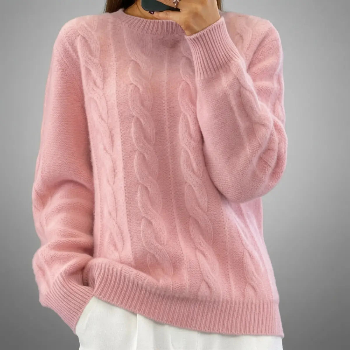 Cable Knit Wool Cashmere Sweater Crew Neck Warm Winter Pullover