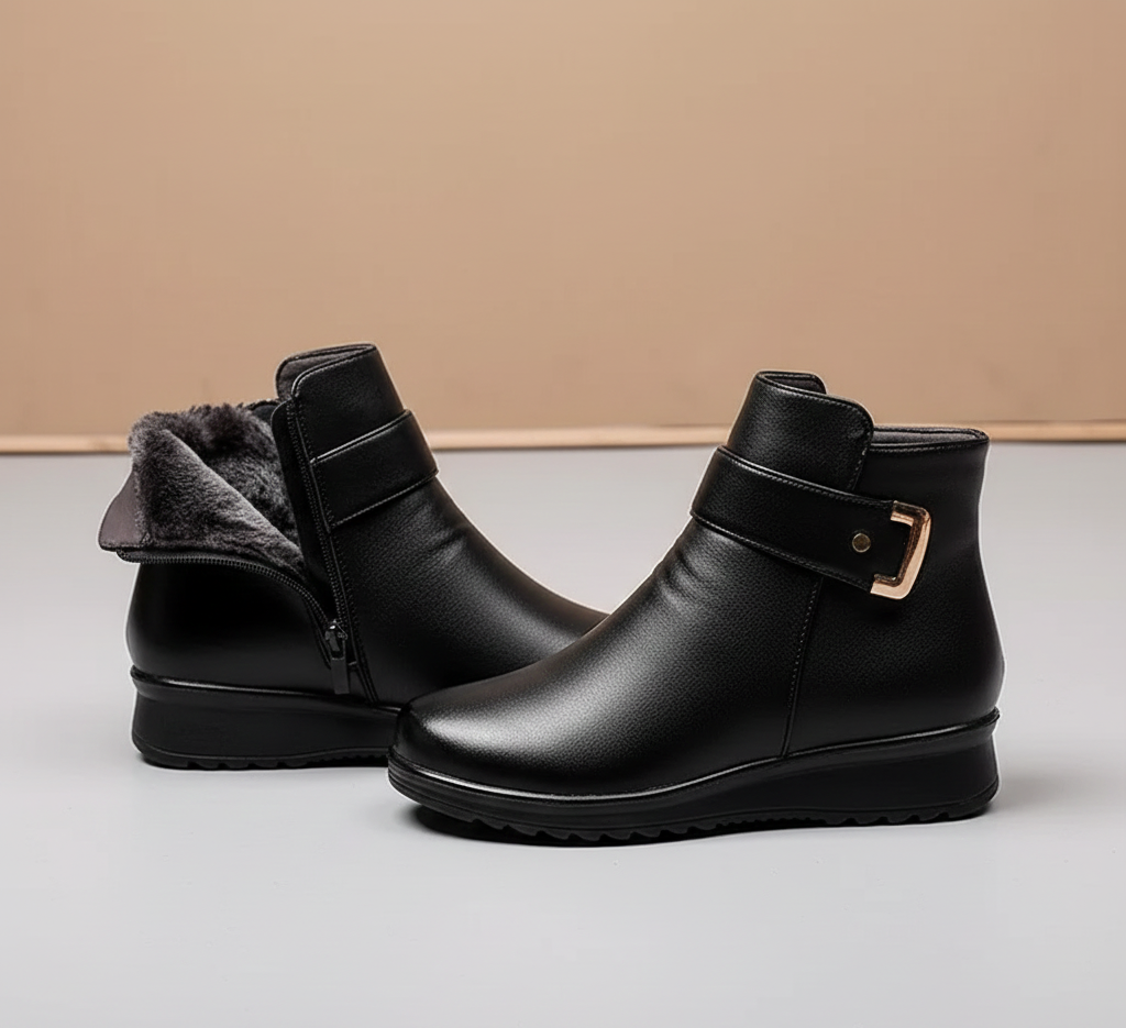 Women's Ankle Boots Side Zip Fleece Lined Low Wedge Round Toe Buckle