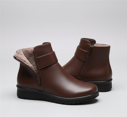 Women's Ankle Boots Side Zip Fleece Lined Low Wedge Round Toe Buckle