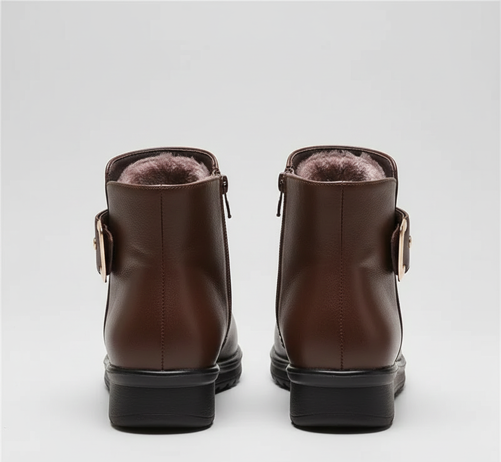 Women's Ankle Boots Side Zip Fleece Lined Low Wedge Round Toe Buckle