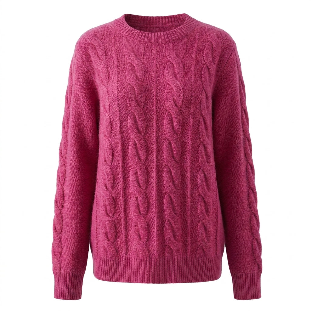 Cable Knit Wool Cashmere Sweater Crew Neck Warm Winter Pullover