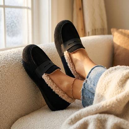 Fleece Loafers Women Cosy Slip On Shoes Warm Indoor Casual Cream