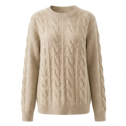 Cable Knit Wool Cashmere Sweater Crew Neck Warm Winter Pullover