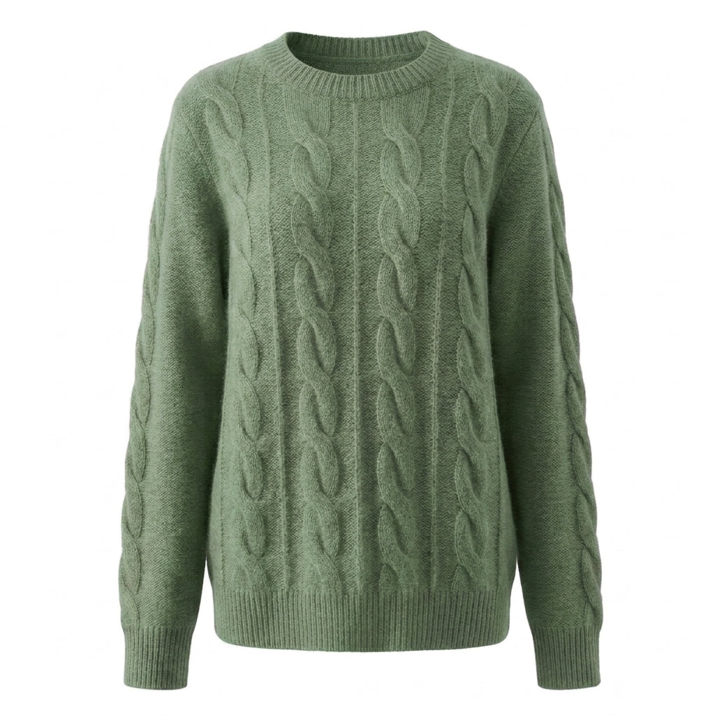 Cable Knit Wool Cashmere Sweater Crew Neck Warm Winter Pullover