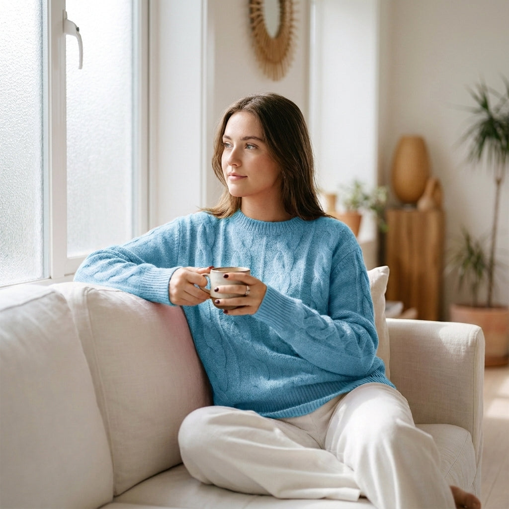 Cable Knit Wool Cashmere Sweater Crew Neck Warm Winter Pullover