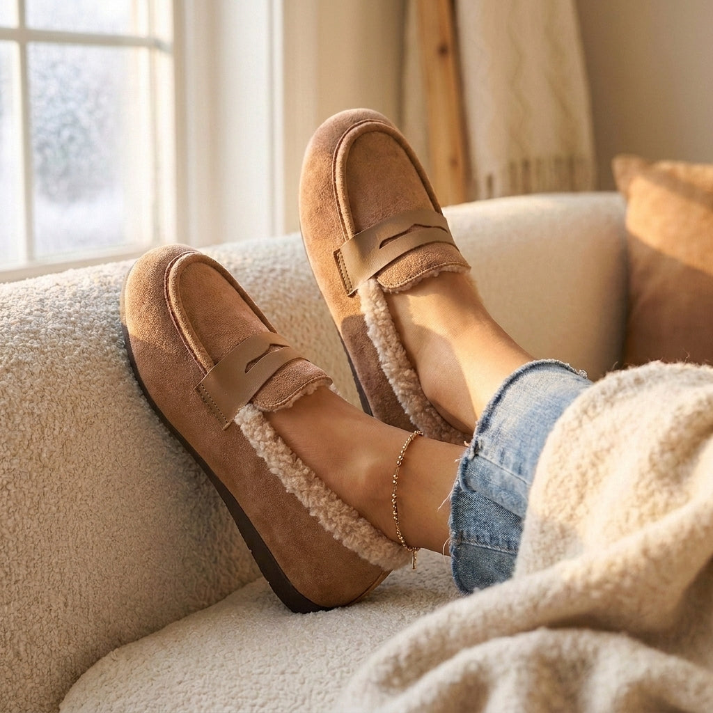 Fleece Loafers Women Cosy Slip On Shoes Warm Indoor Casual Cream