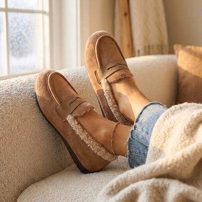 Fleece Loafers Women Cosy Slip On Shoes Warm Indoor Casual Cream