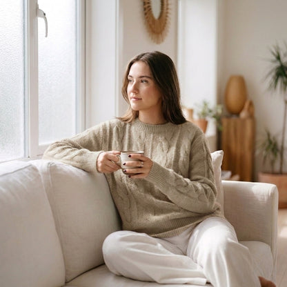 Cable Knit Wool Cashmere Sweater Crew Neck Warm Winter Pullover