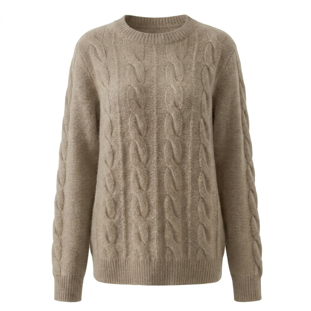 Cable Knit Wool Cashmere Sweater Crew Neck Warm Winter Pullover