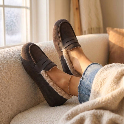 Fleece Loafers Women Cosy Slip On Shoes Warm Indoor Casual Cream
