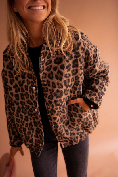 Women's Bomber Jacket Leopard Print Relaxed Fit Casual Winter
