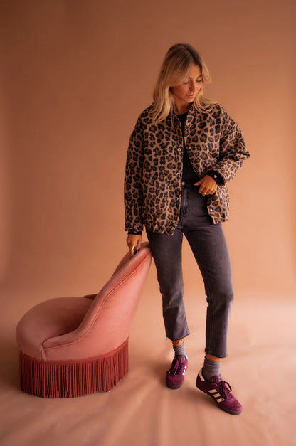 Women's Bomber Jacket Leopard Print Relaxed Fit Casual Winter