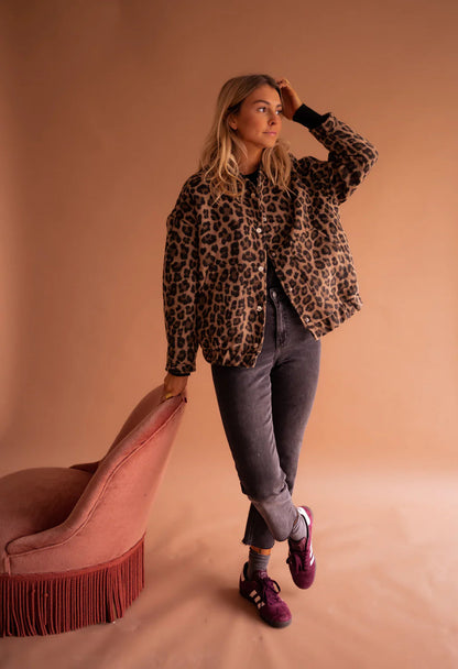 Women's Bomber Jacket Leopard Print Relaxed Fit Casual Winter