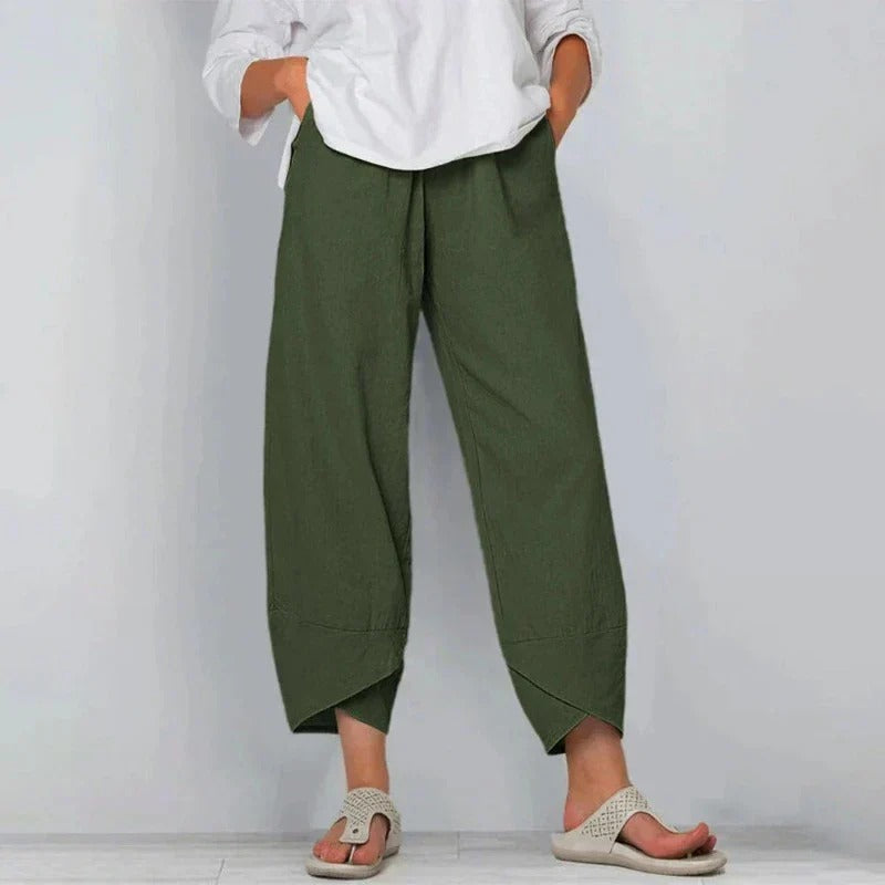 Tarni women's linen trousers in Military Green