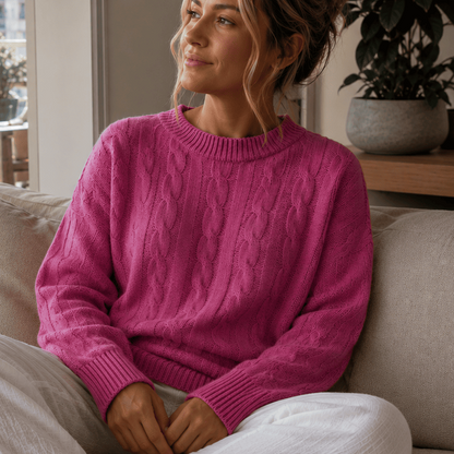 Cable Knit Wool Cashmere Sweater Crew Neck Warm Winter Pullover
