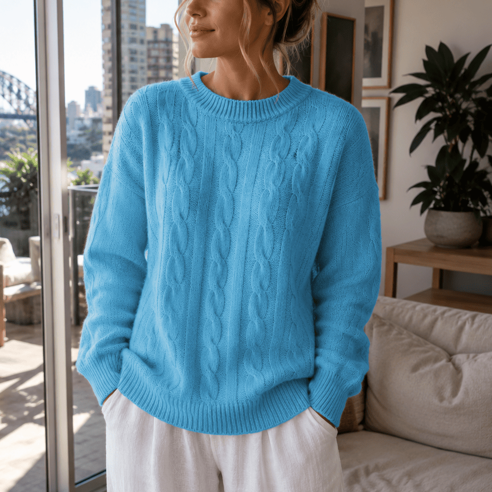 Cable Knit Wool Cashmere Sweater Crew Neck Warm Winter Pullover