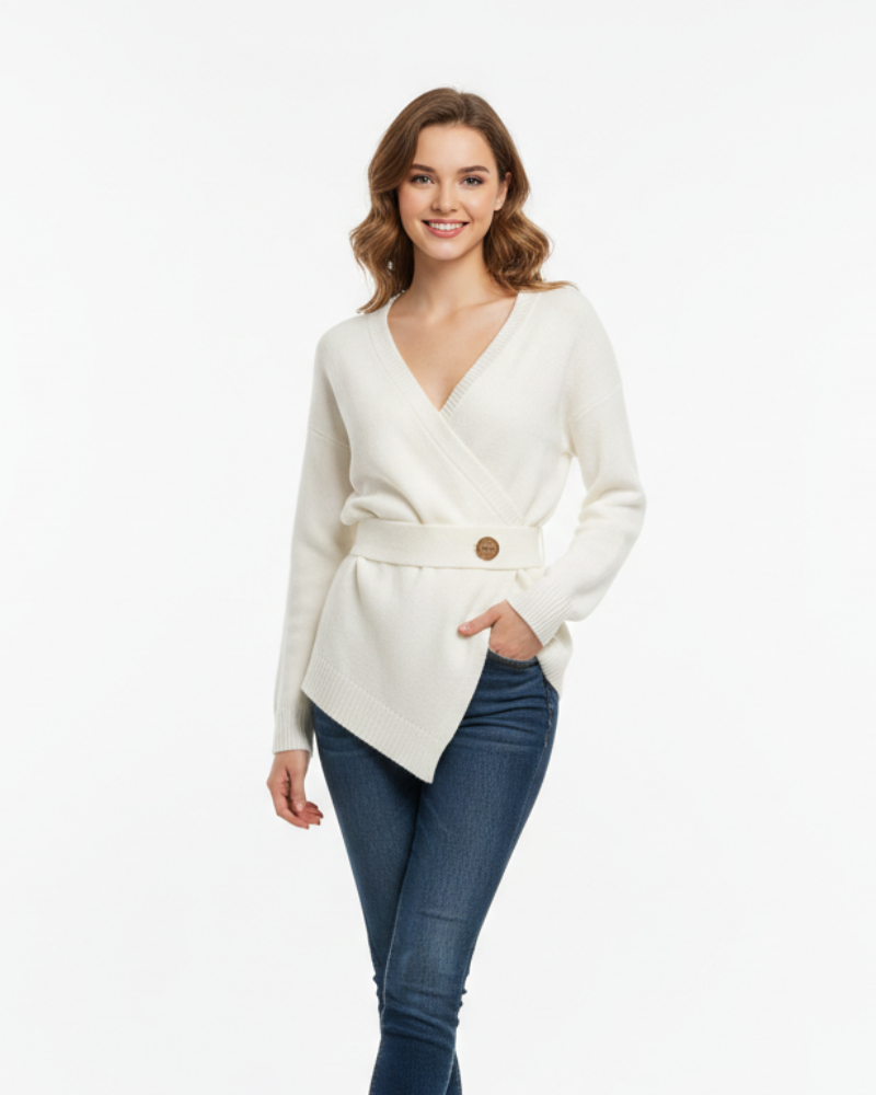 Women's Wrap Knit Jumper V-Neck Asymmetric Hem Wooden Button