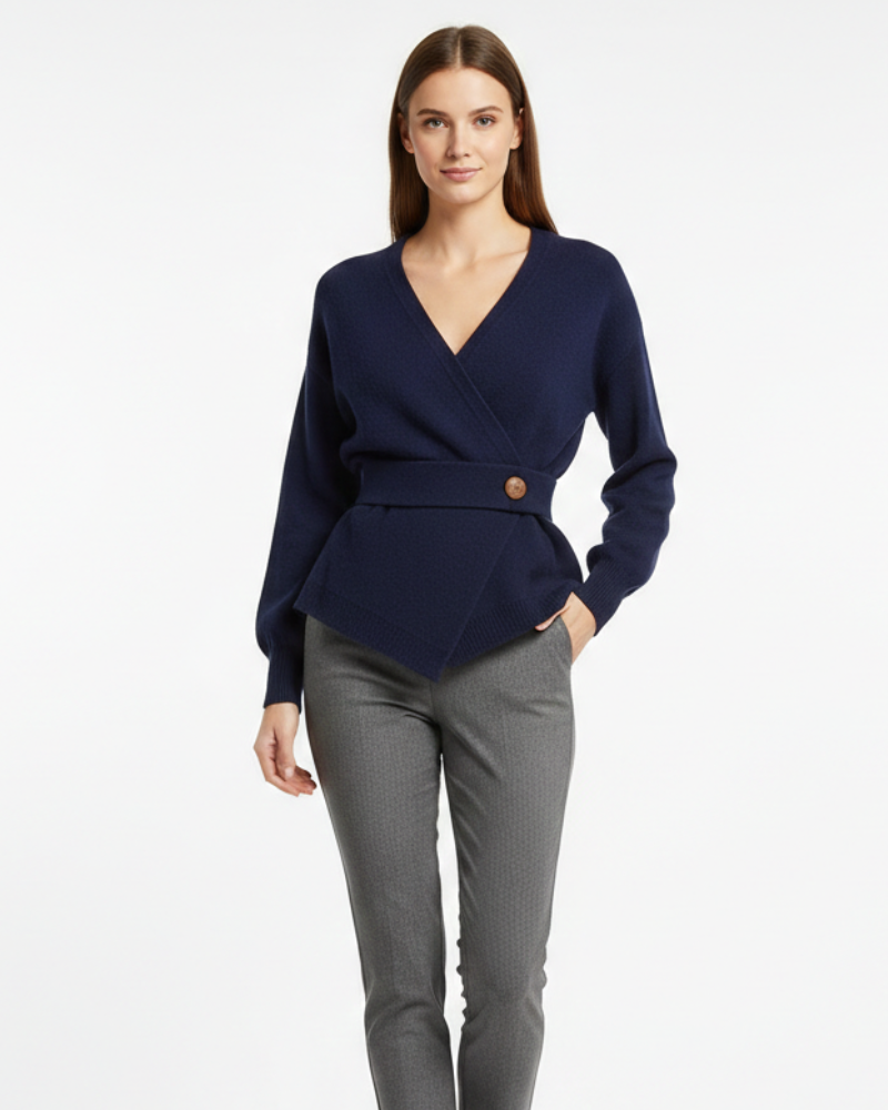 Women's Wrap Knit Jumper V-Neck Asymmetric Hem Wooden Button
