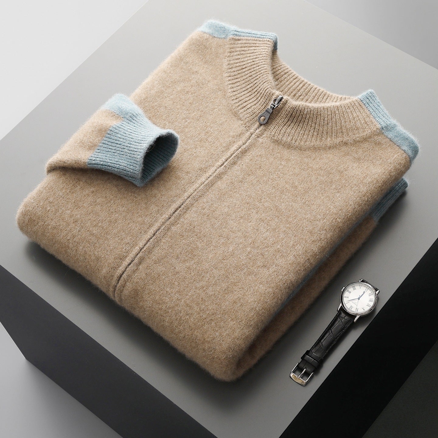 Men's Zip-Up Knit Jacket Contrast Sleeve Ribbed Collar Autumn Winter